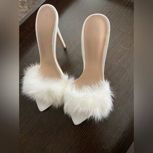 Elegant White Fur Trimmed Stiletto Heels